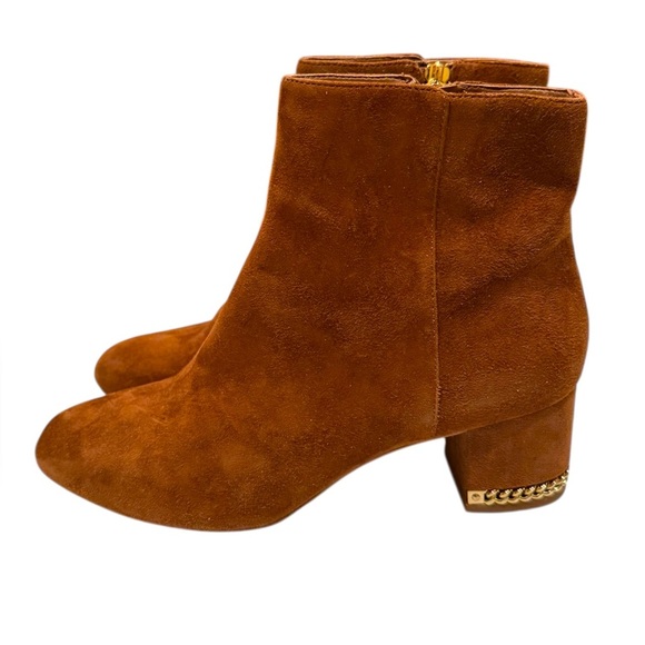 Michael Kors Sabrina Elegant Brown Suede Ankle Boots Chain Block Heel Size 6.5 - Picture 1 of 5
